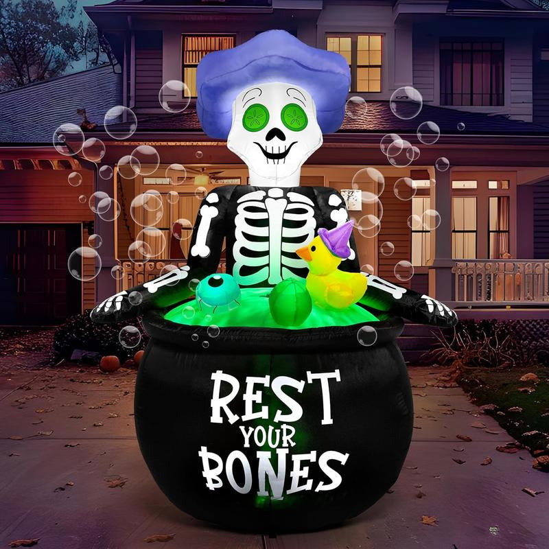 5 FT Tall Halloween Inflatable Outdoor Decoration, Inflatable Skeleton Halloween Decor Outdoor with Bubble Machine, Halloween Blow Ups in Cauldron with Leds for Halloween Yard Decorations Cauldron Halloween
