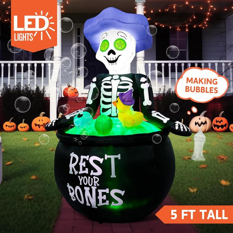 5 FT Tall Halloween Inflatable Outdoor Decoration, Inflatable Skeleton Halloween Decor Outdoor with Bubble Machine, Halloween Blow Ups in Cauldron with Leds for Halloween Yard Decorations Cauldron Halloween
