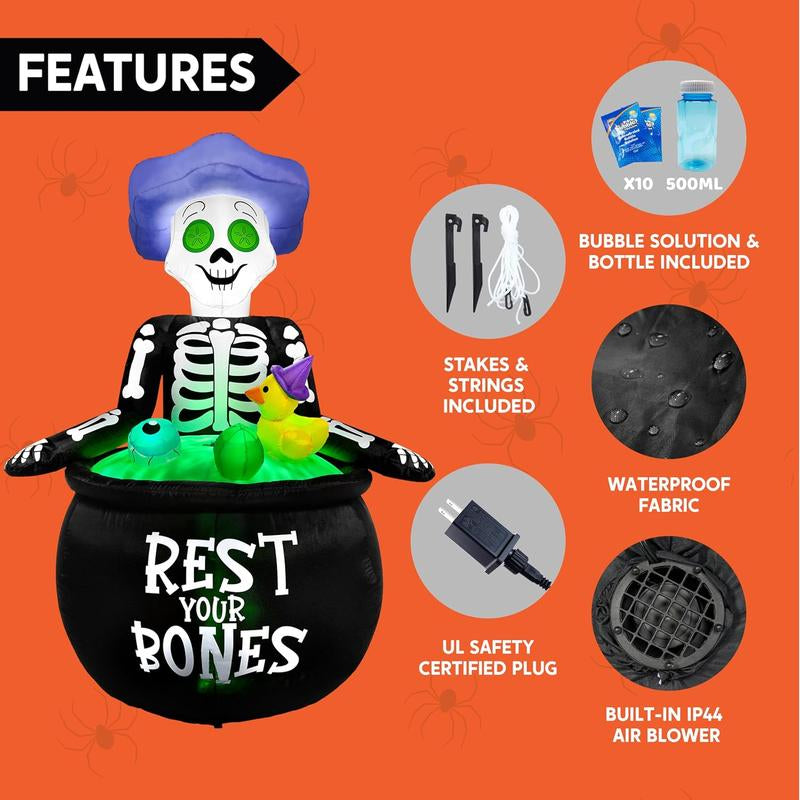 5 FT Tall Halloween Inflatable Outdoor Decoration, Inflatable Skeleton Halloween Decor Outdoor with Bubble Machine, Halloween Blow Ups in Cauldron with Leds for Halloween Yard Decorations Cauldron Halloween