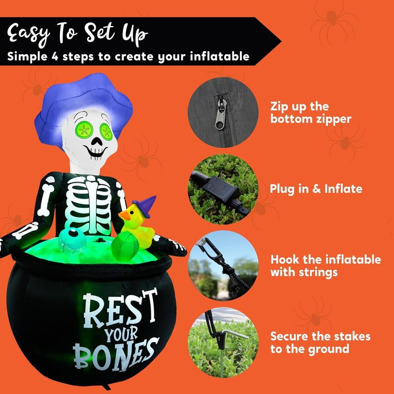 5 FT Tall Halloween Inflatable Outdoor Decoration, Inflatable Skeleton Halloween Decor Outdoor with Bubble Machine, Halloween Blow Ups in Cauldron with Leds for Halloween Yard Decorations Cauldron Halloween