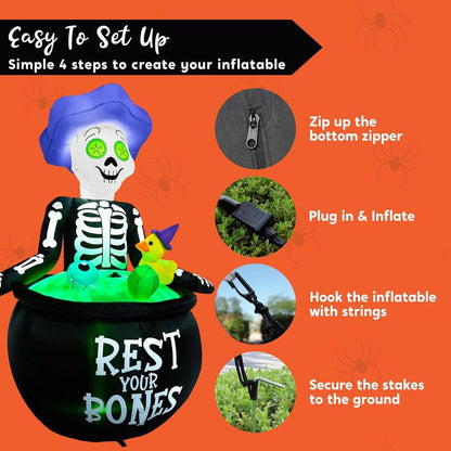 5 FT Tall Halloween Inflatable Outdoor Decoration, Inflatable Skeleton Halloween Decor Outdoor with Bubble Machine, Halloween Blow Ups in Cauldron with Leds for Halloween Yard Decorations Cauldron Halloween