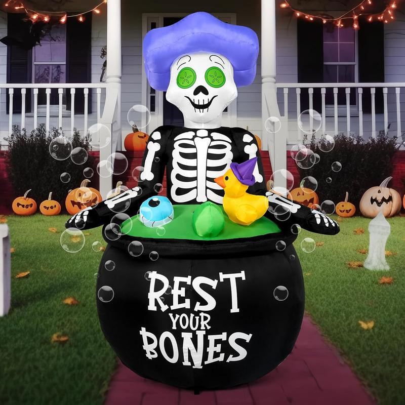 5 FT Tall Halloween Inflatable Outdoor Decoration, Inflatable Skeleton Halloween Decor Outdoor with Bubble Machine, Halloween Blow Ups in Cauldron with Leds for Halloween Yard Decorations Cauldron Halloween