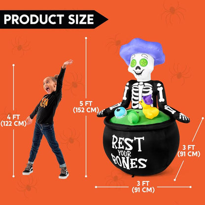 5 FT Tall Halloween Inflatable Outdoor Decoration, Inflatable Skeleton Halloween Decor Outdoor with Bubble Machine, Halloween Blow Ups in Cauldron with Leds for Halloween Yard Decorations Cauldron Halloween