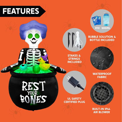 5 FT Tall Halloween Inflatable Outdoor Decoration, Inflatable Skeleton Halloween Decor Outdoor with Bubble Machine, Halloween Blow Ups in Cauldron with Leds for Halloween Yard Decorations Cauldron Halloween