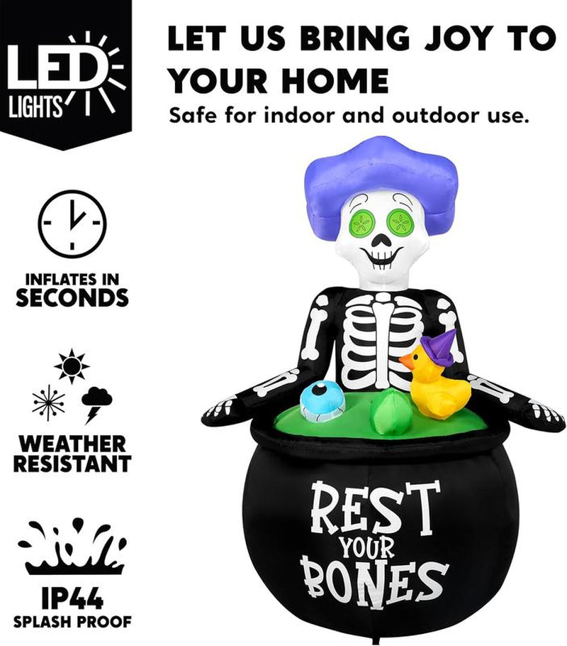 5 FT Tall Halloween Inflatable Outdoor Decoration, Inflatable Skeleton Halloween Decor Outdoor with Bubble Machine, Halloween Blow Ups in Cauldron with Leds for Halloween Yard Decorations Cauldron Halloween