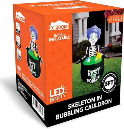 5 FT Tall Halloween Inflatable Outdoor Decoration, Inflatable Skeleton Halloween Decor Outdoor with Bubble Machine, Halloween Blow Ups in Cauldron with Leds for Halloween Yard Decorations Cauldron Halloween